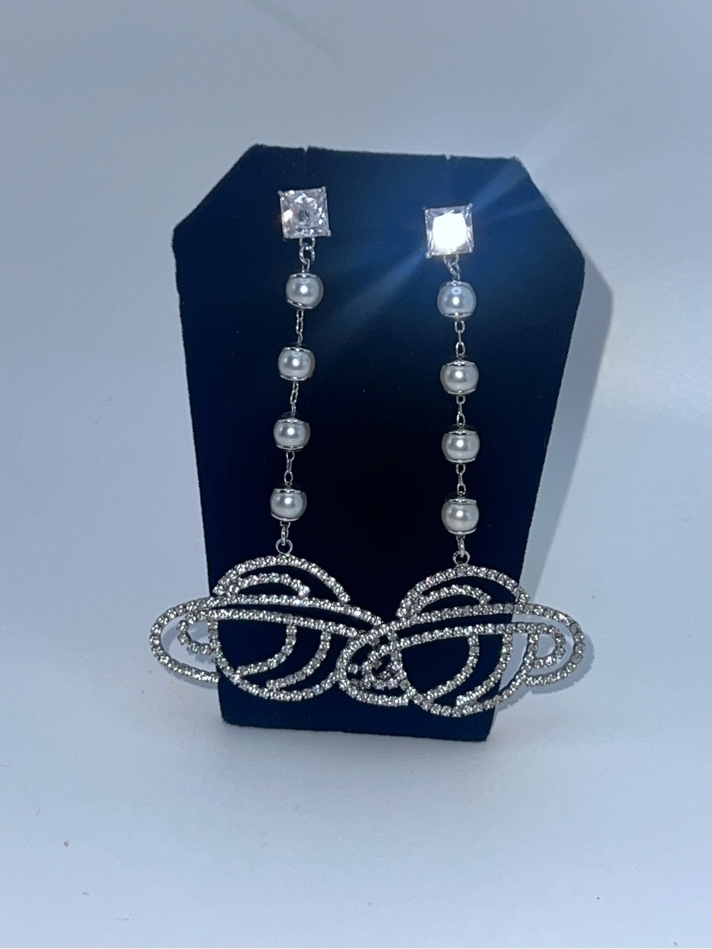 Long Rhinestone & Faux Pearl Dangle Statement Earrings Silver Tone Elegant